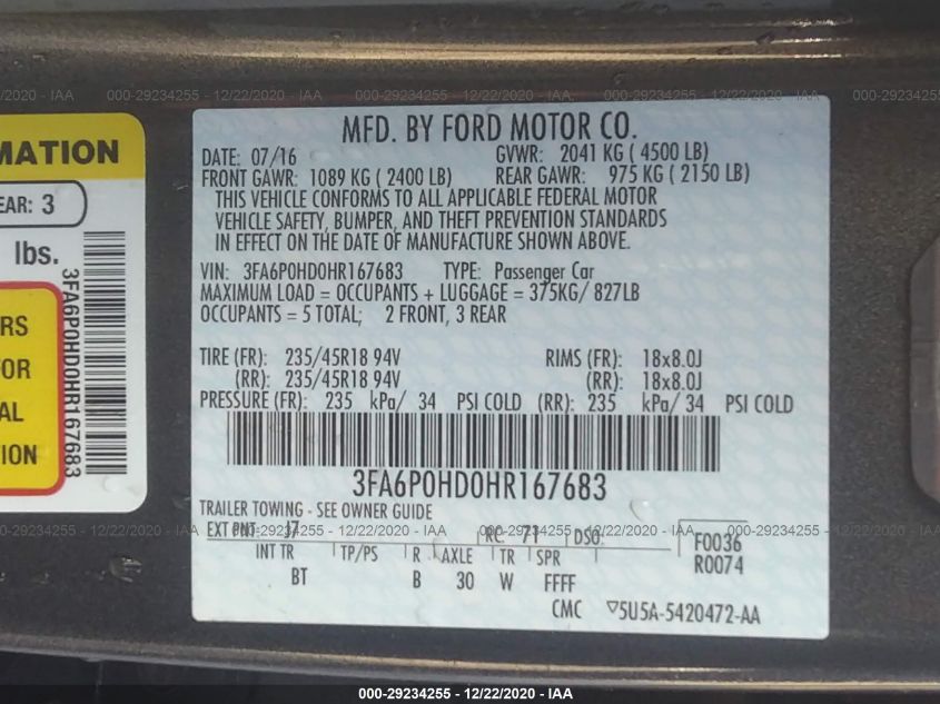 2017 FORD FUSION SE 3FA6P0HD0HR167683