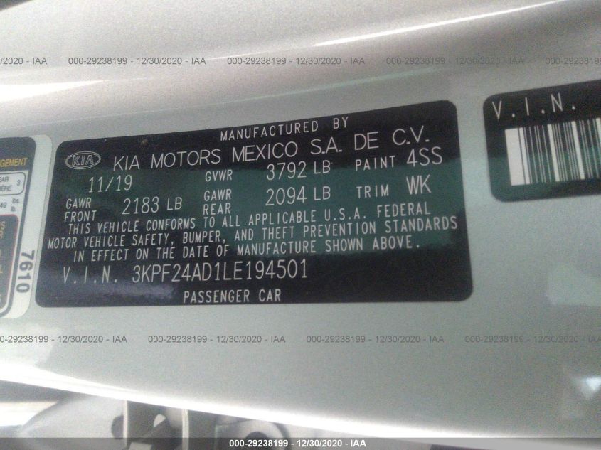 2020 KIA FORTE LXS 3KPF24AD1LE194501