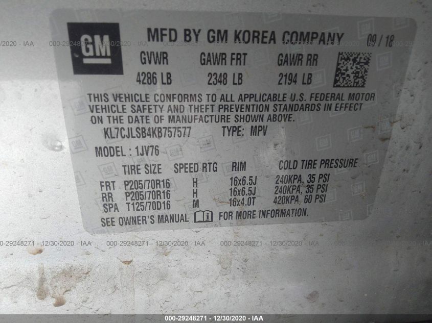 2019 CHEVROLET TRAX LT KL7CJLSB4KB757577
