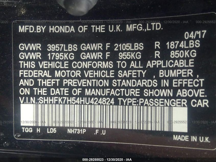 2017 HONDA CIVIC HATCHBACK EX SHHFK7H54HU424824