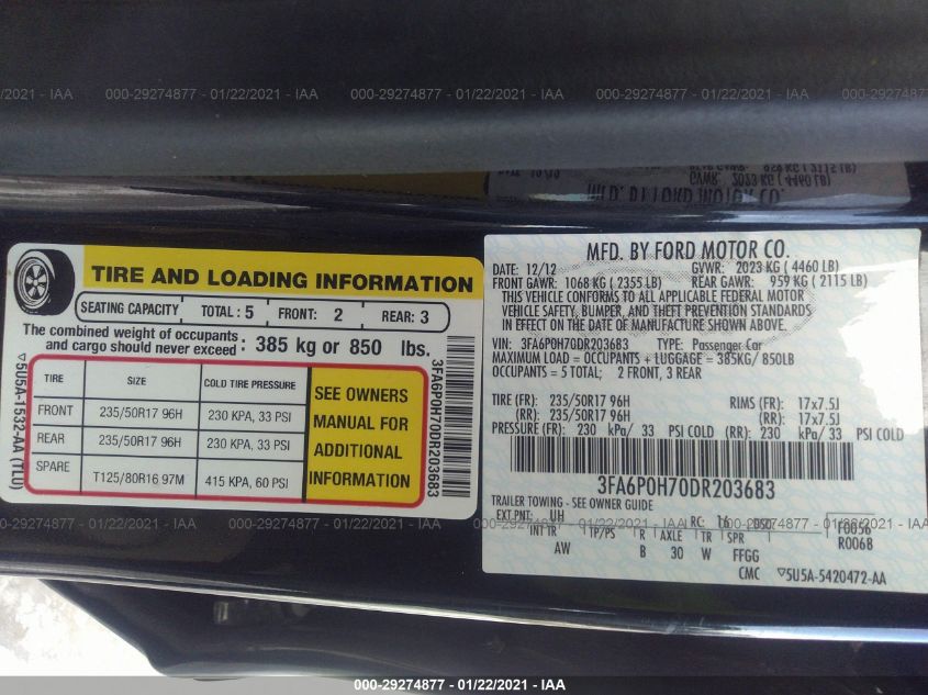 2013 FORD FUSION SE 3FA6P0H70DR203683