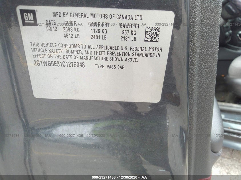 CHEVROLET IMPALA 2012 VIN 2G1WG5E31C1275948