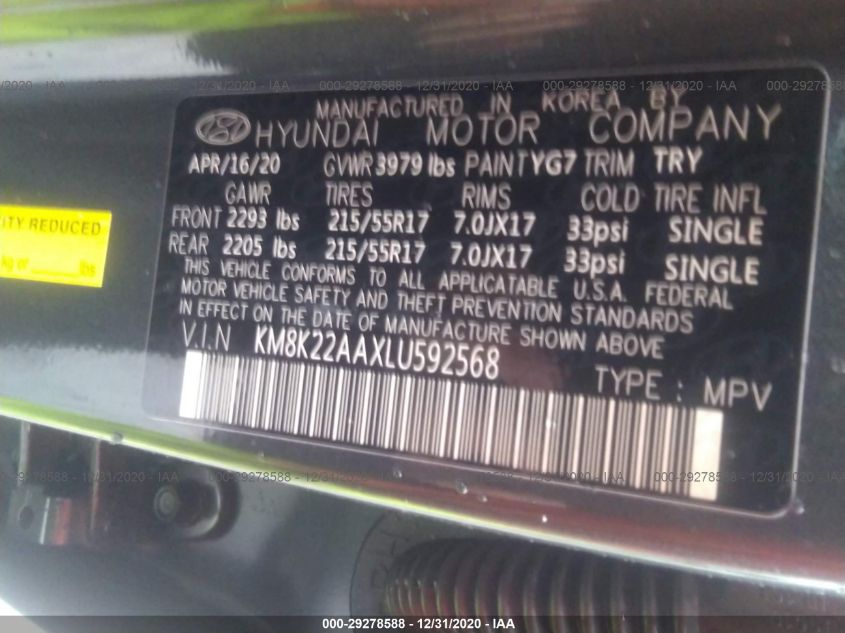 2020 HYUNDAI KONA SEL KM8K22AAXLU592568