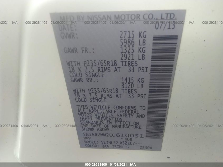 2014 NISSAN PATHFINDER SV 5N1AR2MM2EC610051