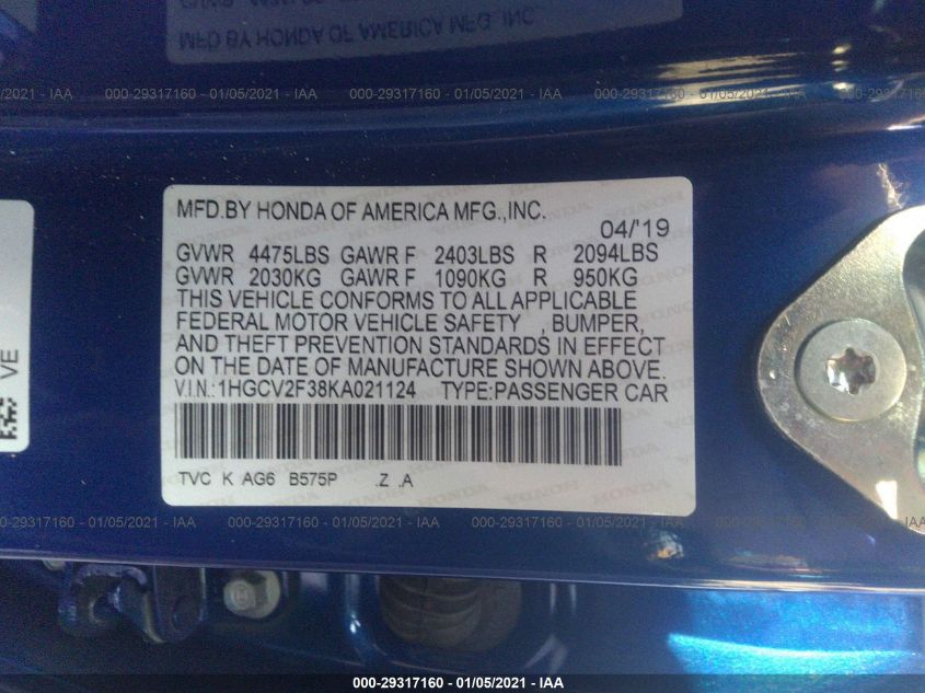 2019 HONDA ACCORD SEDAN SPORT 2.0T 1HGCV2F38KA021124