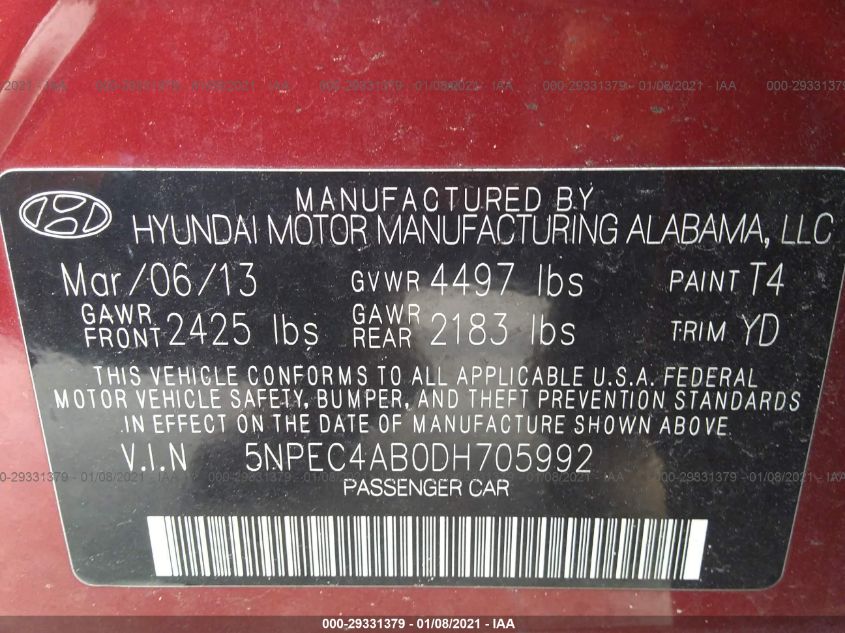 2013 HYUNDAI SONATA SE/LIMITED 5NPEC4AB0DH705992
