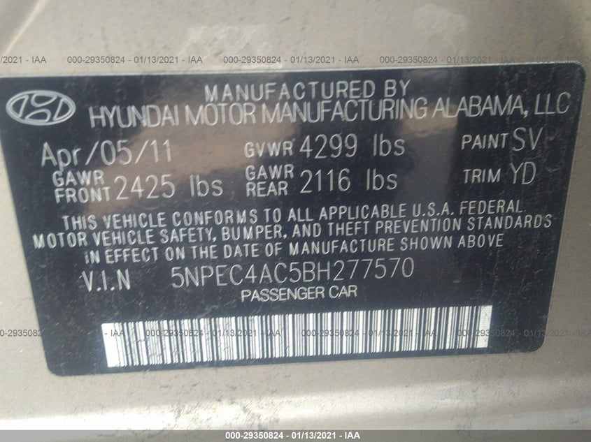 2011 HYUNDAI SONATA VIN: 5NPEC4AC5BH277570