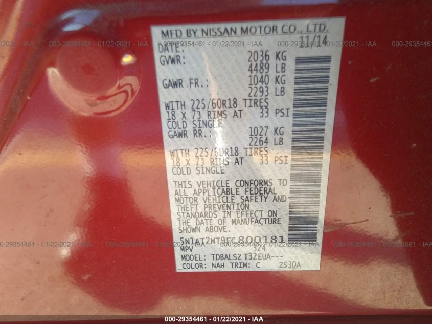 2015 NISSAN ROGUE SL 5N1AT2MT9FC800181