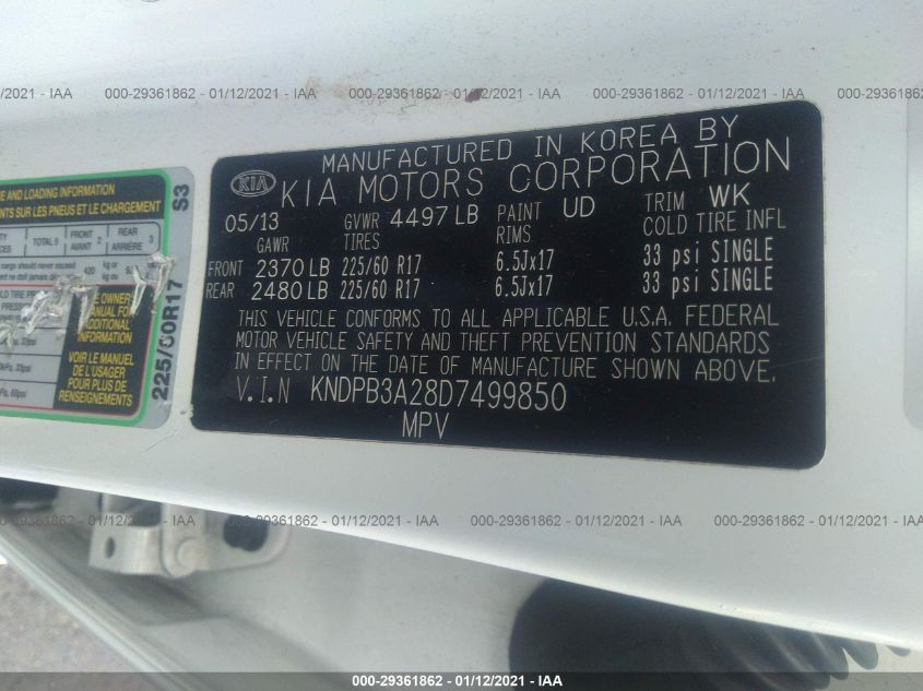 2013 KIA SPORTAGE LX KNDPB3A28D7499850