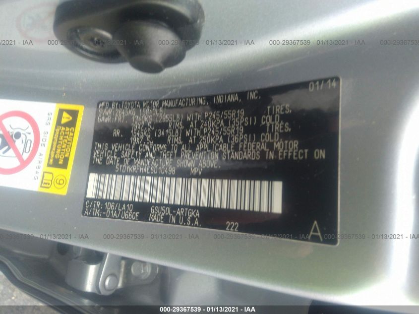 2014 TOYOTA HIGHLANDER LIMITED 5TDYKRFH4ES010498