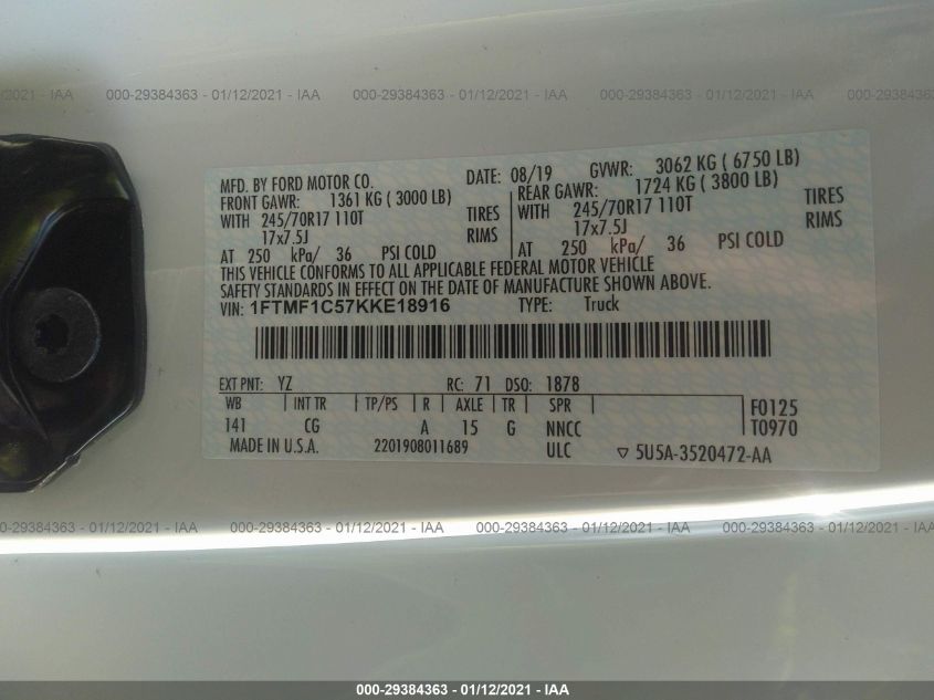 2019 FORD F-150 XL/XLT 1FTMF1C57KKE18916
