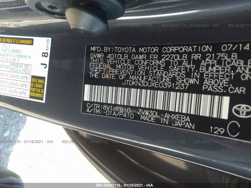 2014 TOYOTA PRIUS FOUR/FIVE/THREE/ONE/TWO JTDKN3DUXE0391237