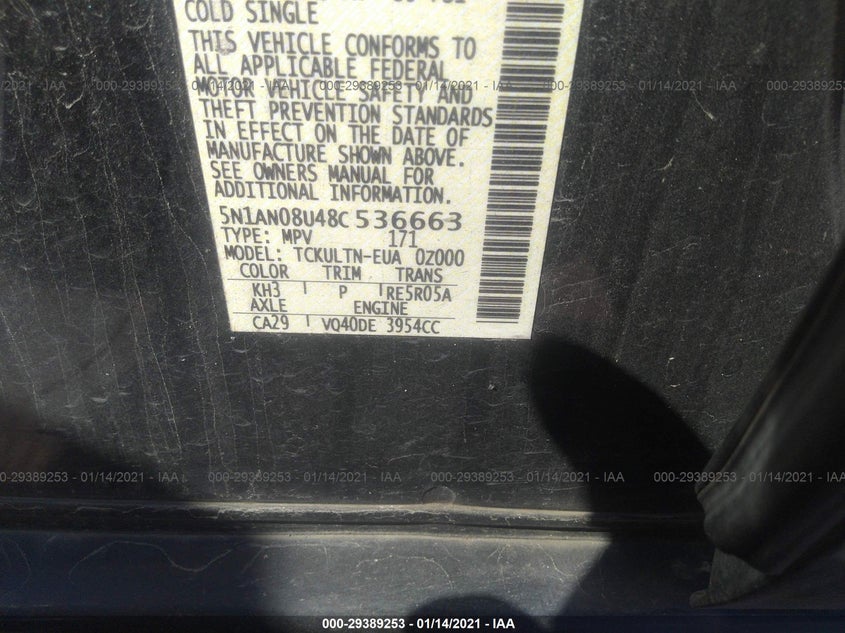 NISSAN XTERRA 2008 VIN 5N1AN08U48C536663