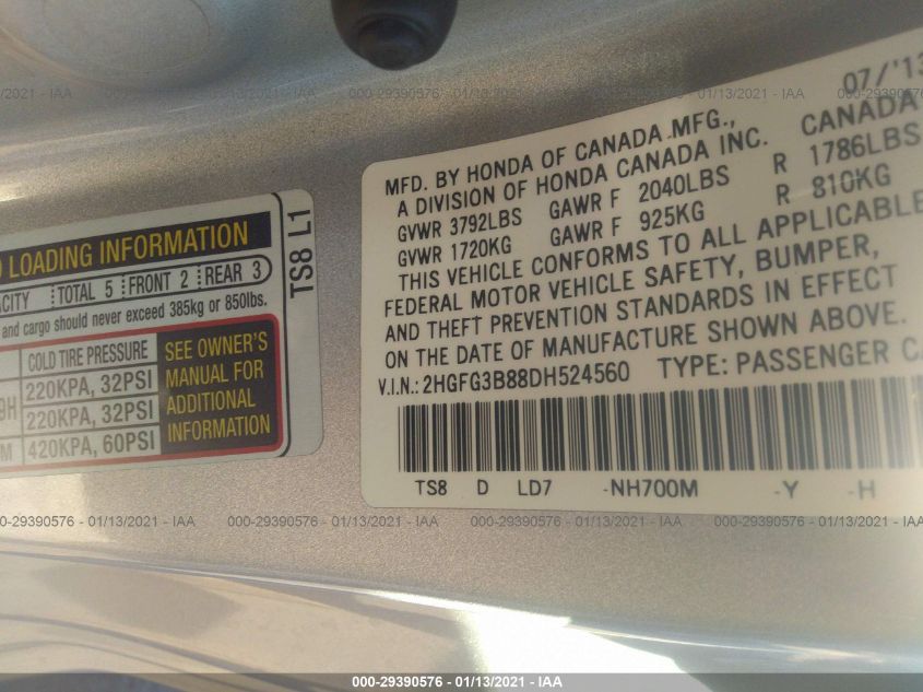 2013 HONDA CIVIC CPE EX 2HGFG3B88DH524560