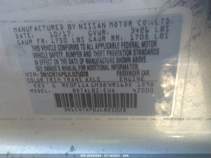 2018 NISSAN VERSA SEDAN SV 3N1CN7AP0JL825028