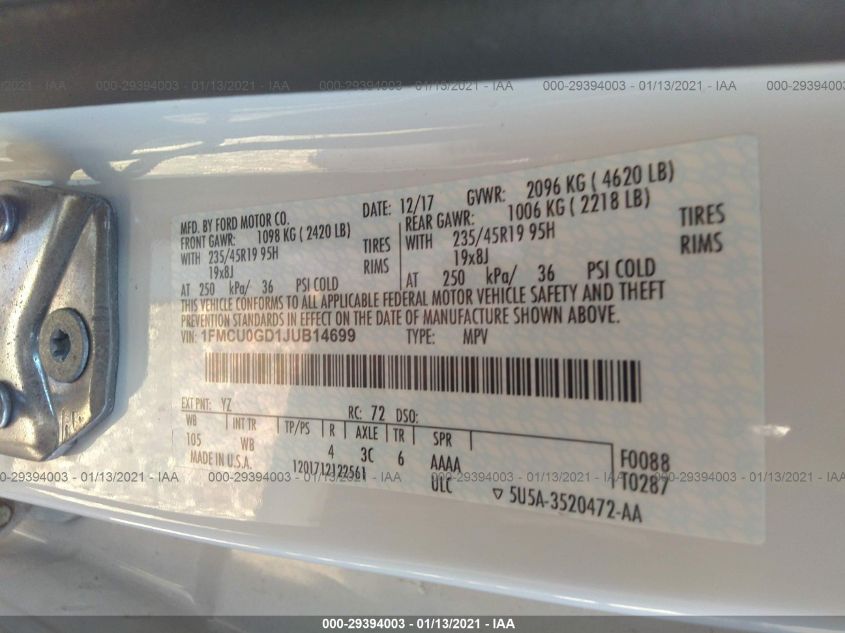 2018 FORD ESCAPE SE 1FMCU0GD1JUB14699