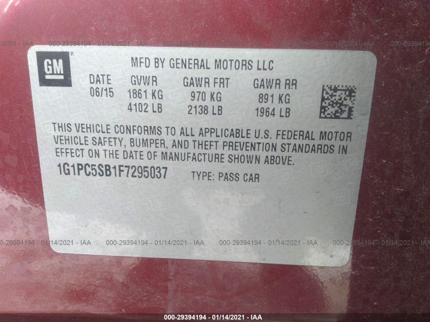 2015 CHEVROLET CRUZE LT 1G1PC5SB1F7295037