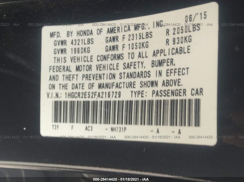 2015 HONDA ACCORD SEDAN SPORT 1HGCR2E52FA216729