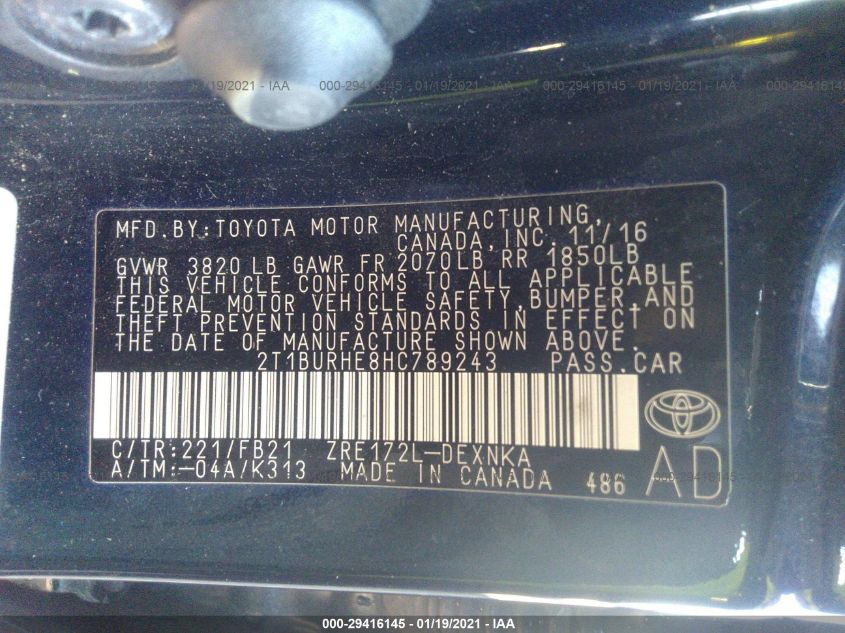 2017 TOYOTA COROLLA LE 2T1BURHE8HC789243