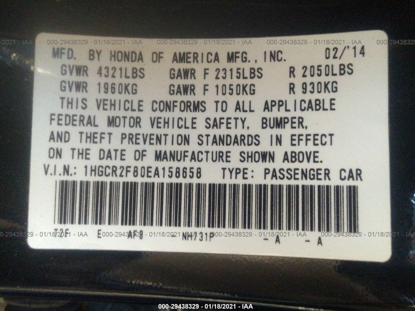 2014 HONDA ACCORD SEDAN EX-L 1HGCR2F80EA158658