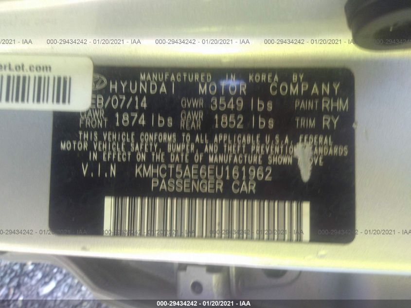 2014 HYUNDAI ACCENT GS KMHCT5AE6EU161962