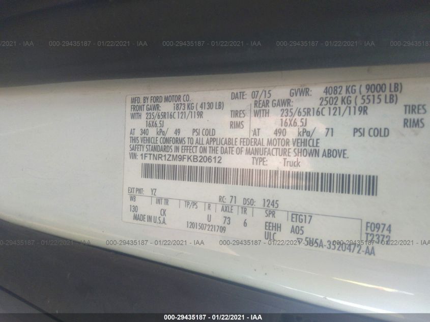 2015 FORD TRANSIT CARGO VAN 1FTNR1ZM9FKB20612