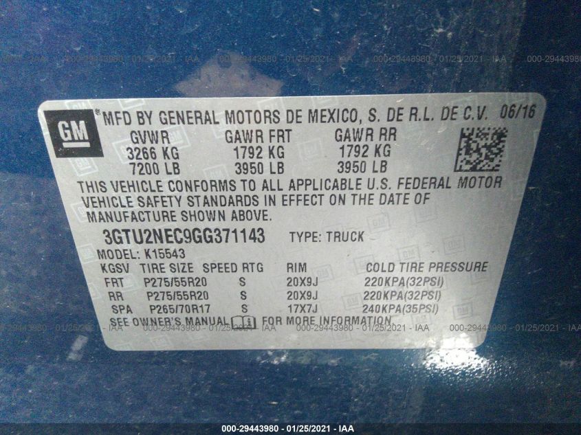 2016 GMC SIERRA 1500 SLT 3GTU2NEC9GG371143