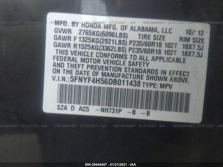 2013 HONDA PILOT EX-L 5FNYF4H56DB011438