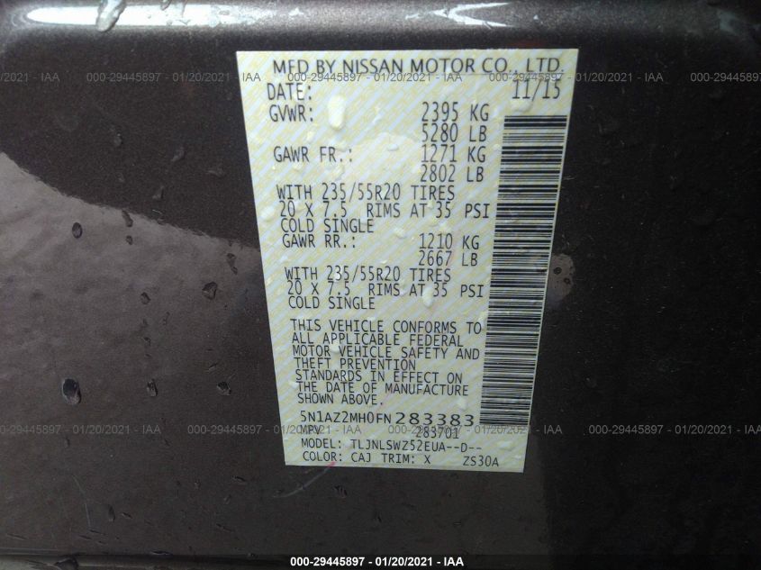 2015 NISSAN MURANO PLATINUM 5N1AZ2MH0FN283383
