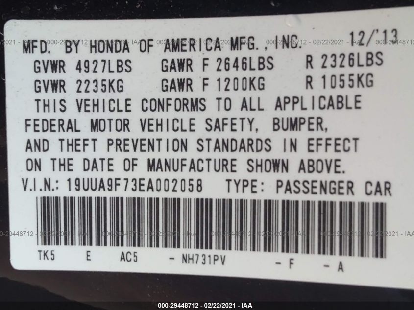 2014 ACURA TL ADVANCE 19UUA9F73EA002058