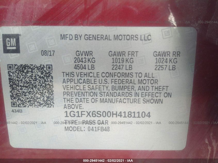 2017 CHEVROLET BOLT EV PREMIER 1G1FX6S00H4181104