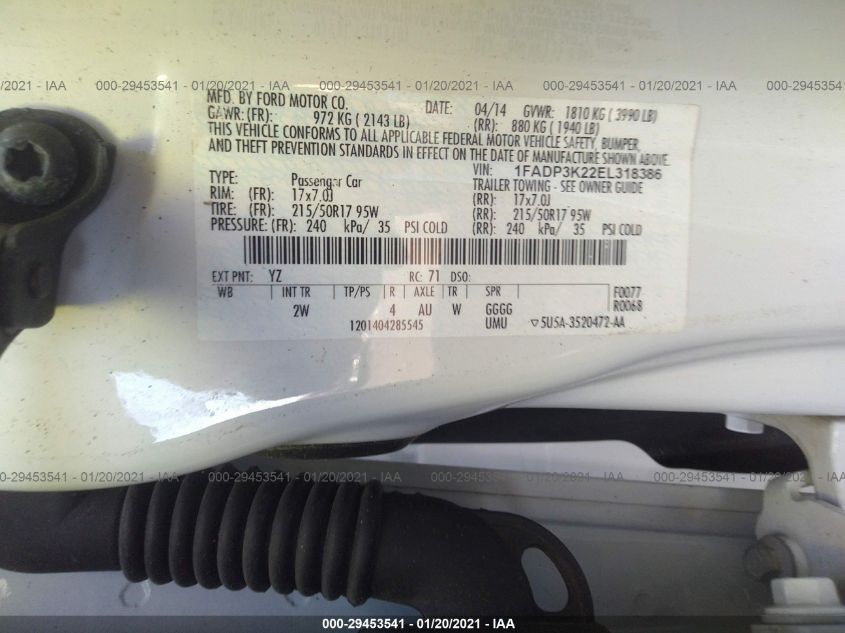 2014 FORD FOCUS SE 1FADP3K22EL318386