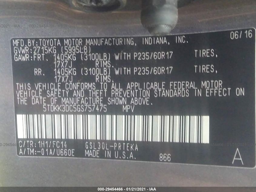 2016 TOYOTA SIENNA LE 5TDKK3DC5GS757475