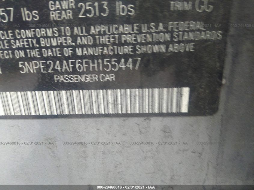 2015 HYUNDAI SONATA 2.4L SE 5NPE24AF6FH155447