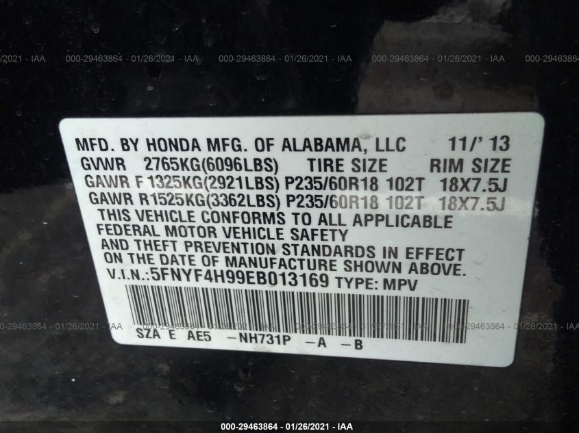 2014 HONDA PILOT TOURING 5FNYF4H99EB013169