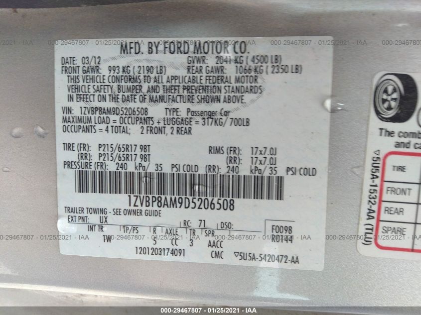 2013 FORD MUSTANG V6 1ZVBP8AM9D5206508
