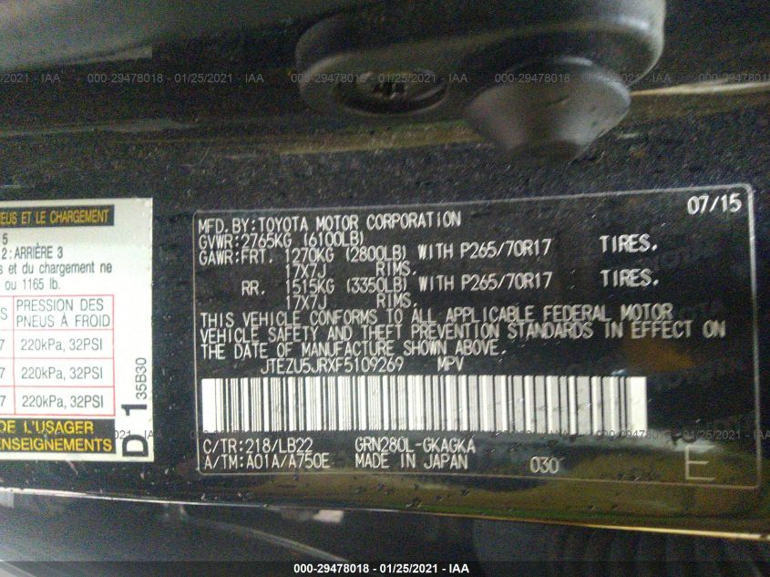 2015 TOYOTA 4RUNNER SR5/LIMITED/SR5 PREMIUM JTEZU5JRXF5109269