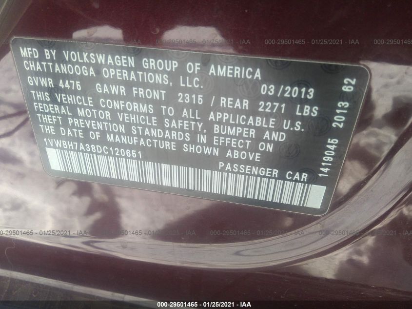 2013 VOLKSWAGEN PASSAT SE W/SUNROOF 1VWBH7A38DC120651