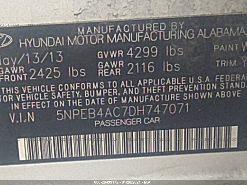 2013 HYUNDAI SONATA GLS 5NPEB4AC7DH747071