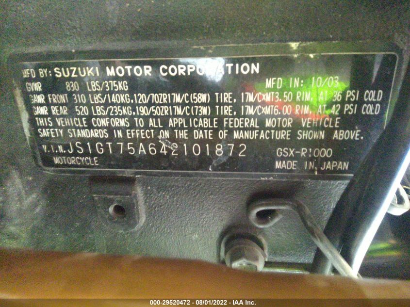 2004 SUZUKI GSX-R1000 JS1GT75A642101872