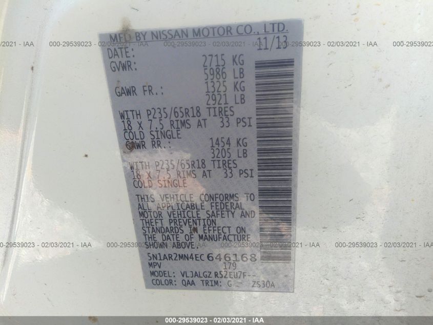 2014 NISSAN PATHFINDER SL 5N1AR2MN4EC646168