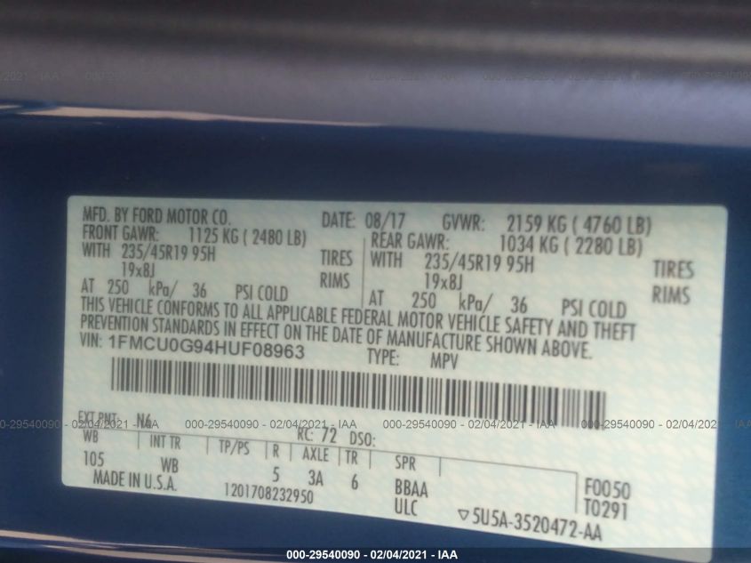 2017 FORD ESCAPE SE 1FMCU0G94HUF08963