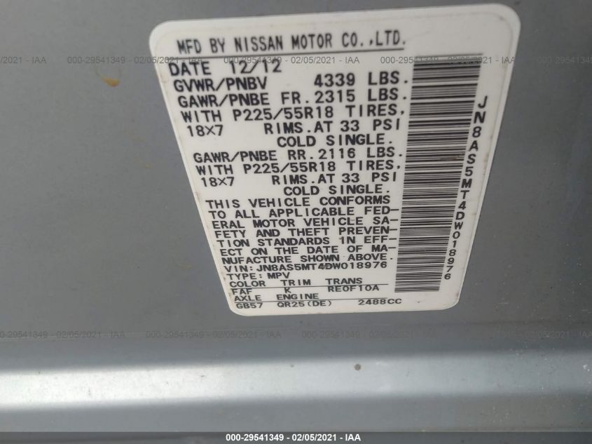 2013 NISSAN ROGUE SL JN8AS5MT4DW018976