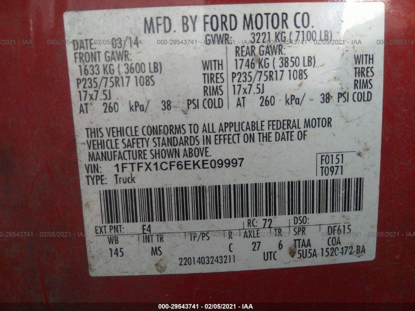 2014 FORD F-150 XL/XLT/STX/FX2/LARIAT 1FTFX1CF6EKE09997