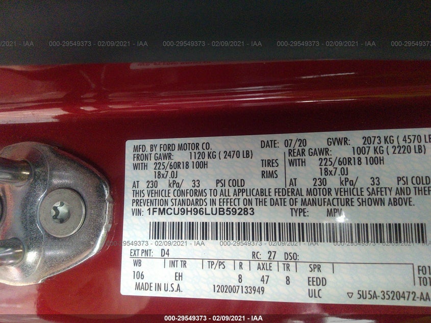 2020 FORD ESCAPE VIN: 1FMCU9H96LUB59283