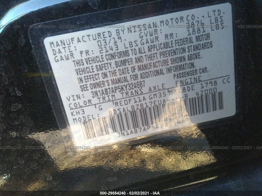 2019 NISSAN SENTRA S 3N1AB7AP5KY324687