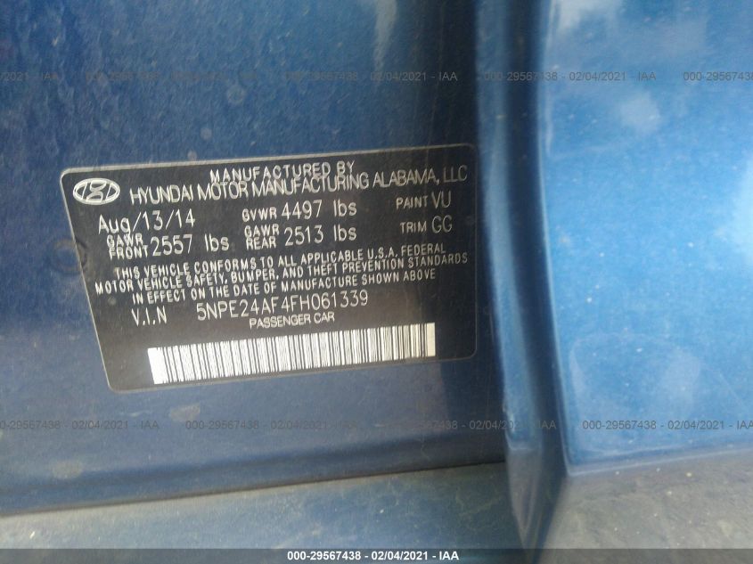 2015 HYUNDAI SONATA 2.4L SE 5NPE24AF4FH061339