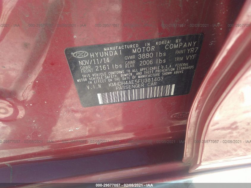 2015 HYUNDAI ELANTRA LIMITED KMHDH4AE5FU381403
