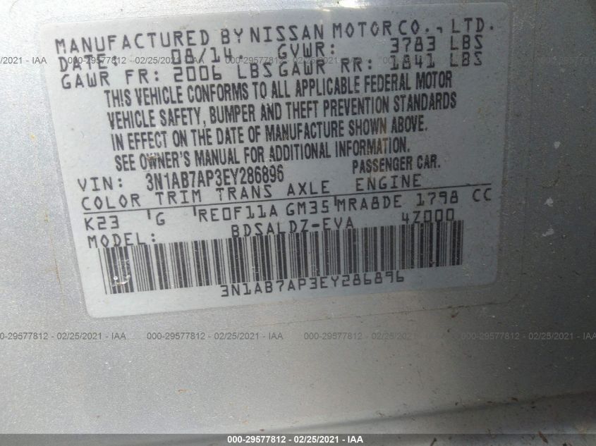 2014 NISSAN SENTRA SV 3N1AB7AP3EY286896