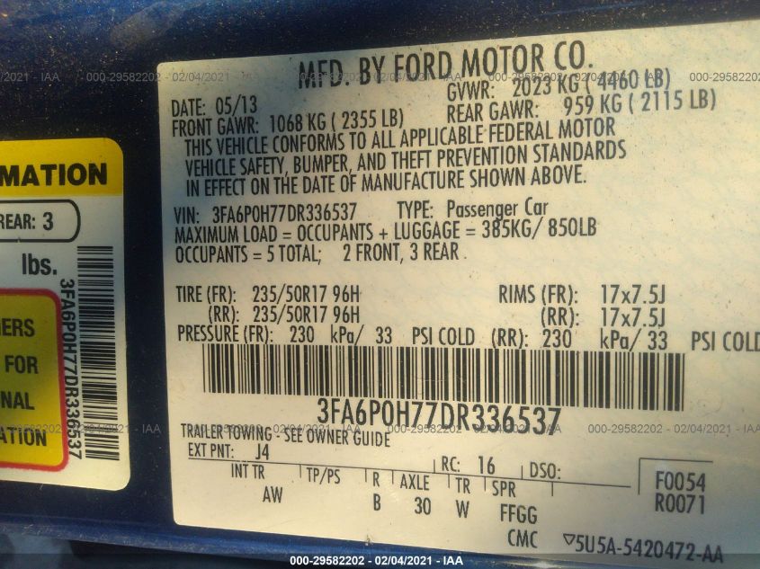 2013 FORD FUSION SE 3FA6P0H77DR336537